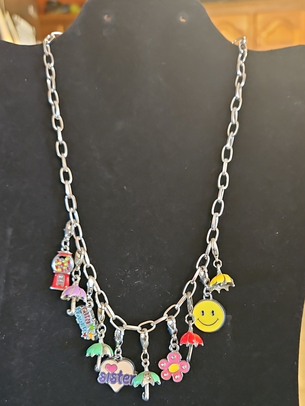 Customizable Silver Chain Charm Necklace with Colorful Enamel Charms